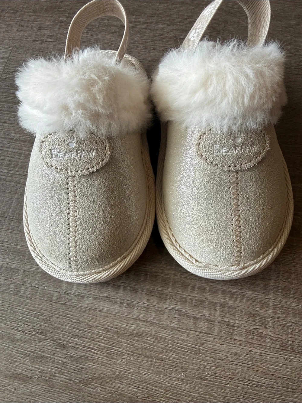 BEARPAW Baby Rebecca Suede Slippers Champagne Glitter Sandstone Size 5